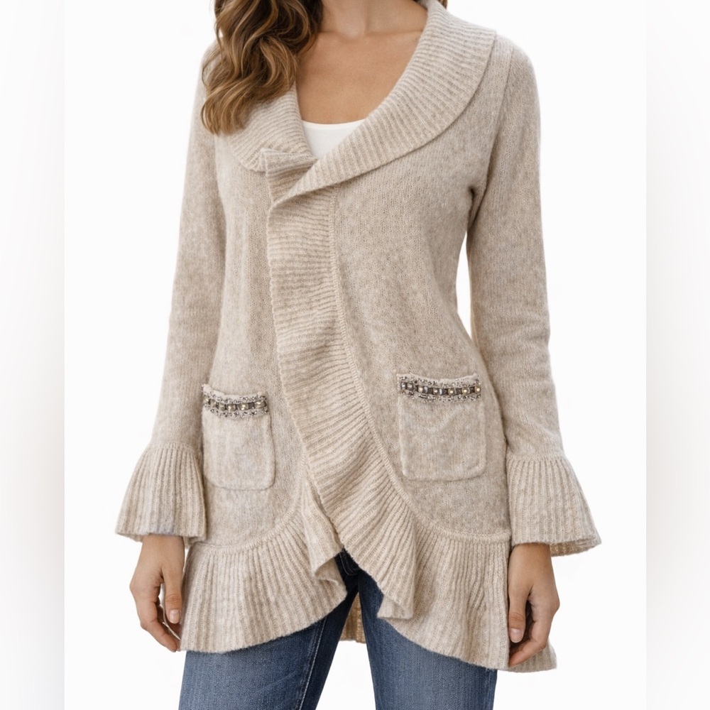 Apt. 9 Open Front Cardigan Sweater wool beige size L rhinestones ruffles